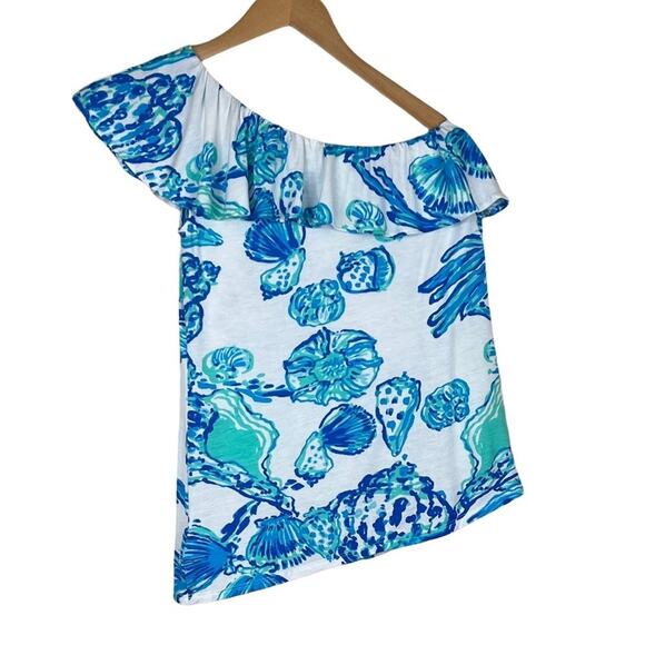 Lilly Pulitzer Neveah blue seashells ruffle one shoulder top blouse beach XS - Picture 8 of 9